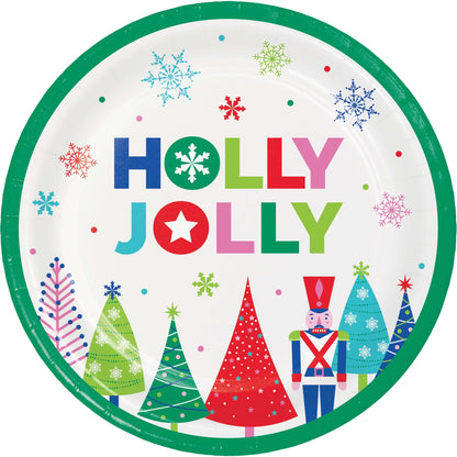 Joyful and Jolly Dessert Paper Plates 96 ct. Round plate with 'Holly Jolly' text and Christmas-themed graphics on a white background