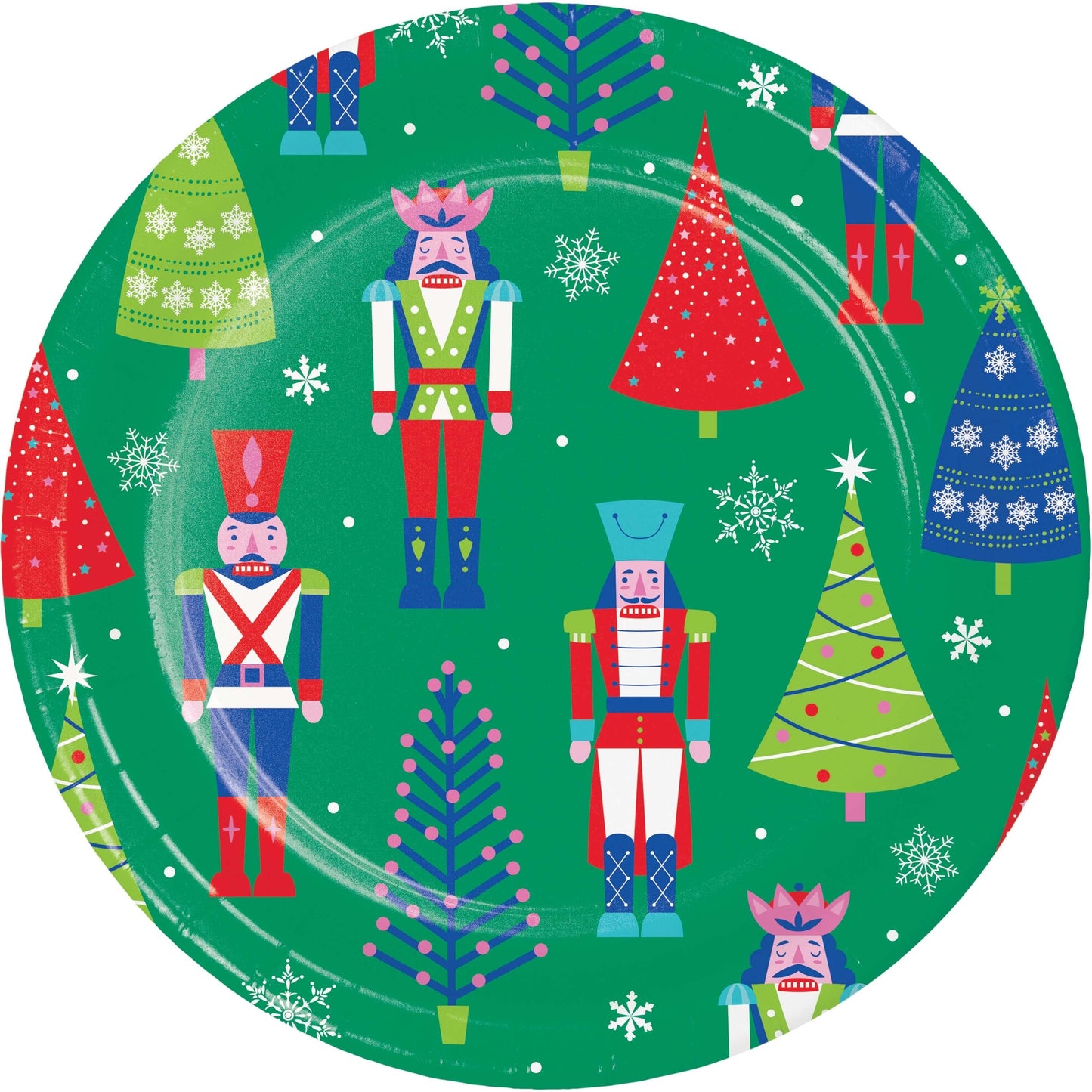 Joyful and Jolly Dinner Paper Plates 96 ct. Circular Christmas-themed design with nutcrackers, trees, and presents on a green background.