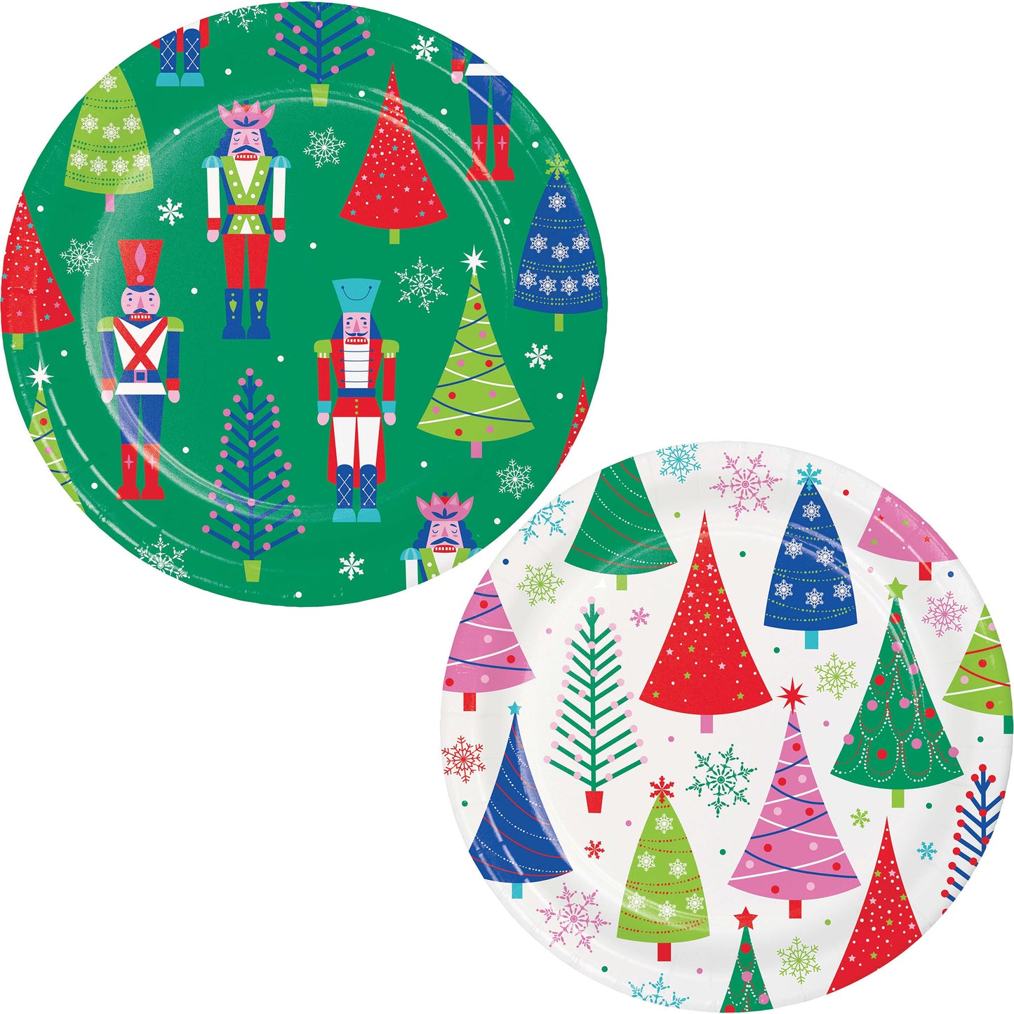 Joyful and Jolly Dinner Paper Plates 96 ct. Two Christmas-themed plates with nutcrackers and trees on a white background