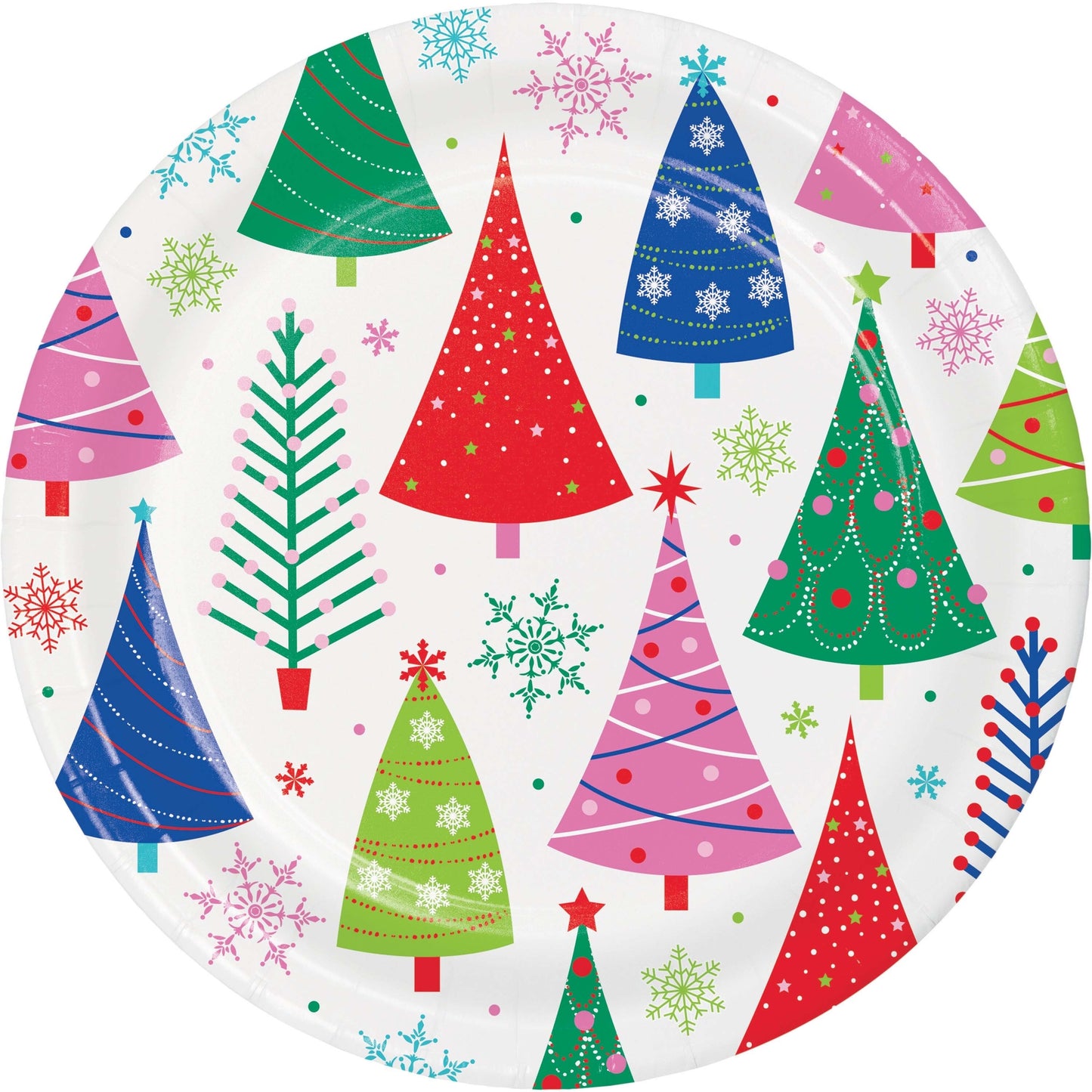 Joyful and Jolly Dinner Paper Plates 96 ct. Colorful Christmas tree paper plate on a white background
