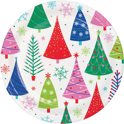Joyful and Jolly Dinner Paper Plates 96 ct. Colorful Christmas tree paper plate on a white background