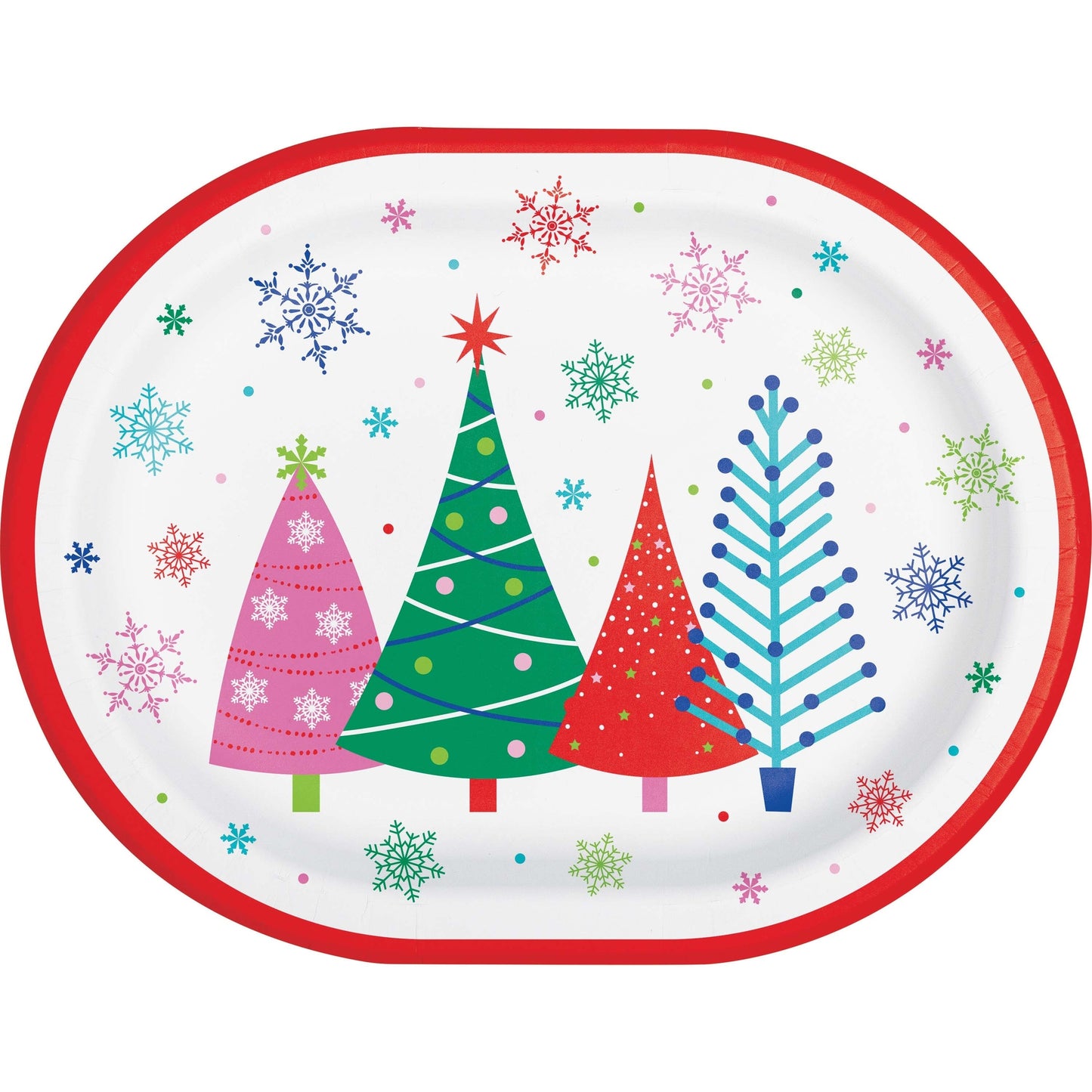 Joyful and Jolly Oval Dinner Paper Plates 96 ct. Oval-shaped plate with colorful Christmas tree design and red rim