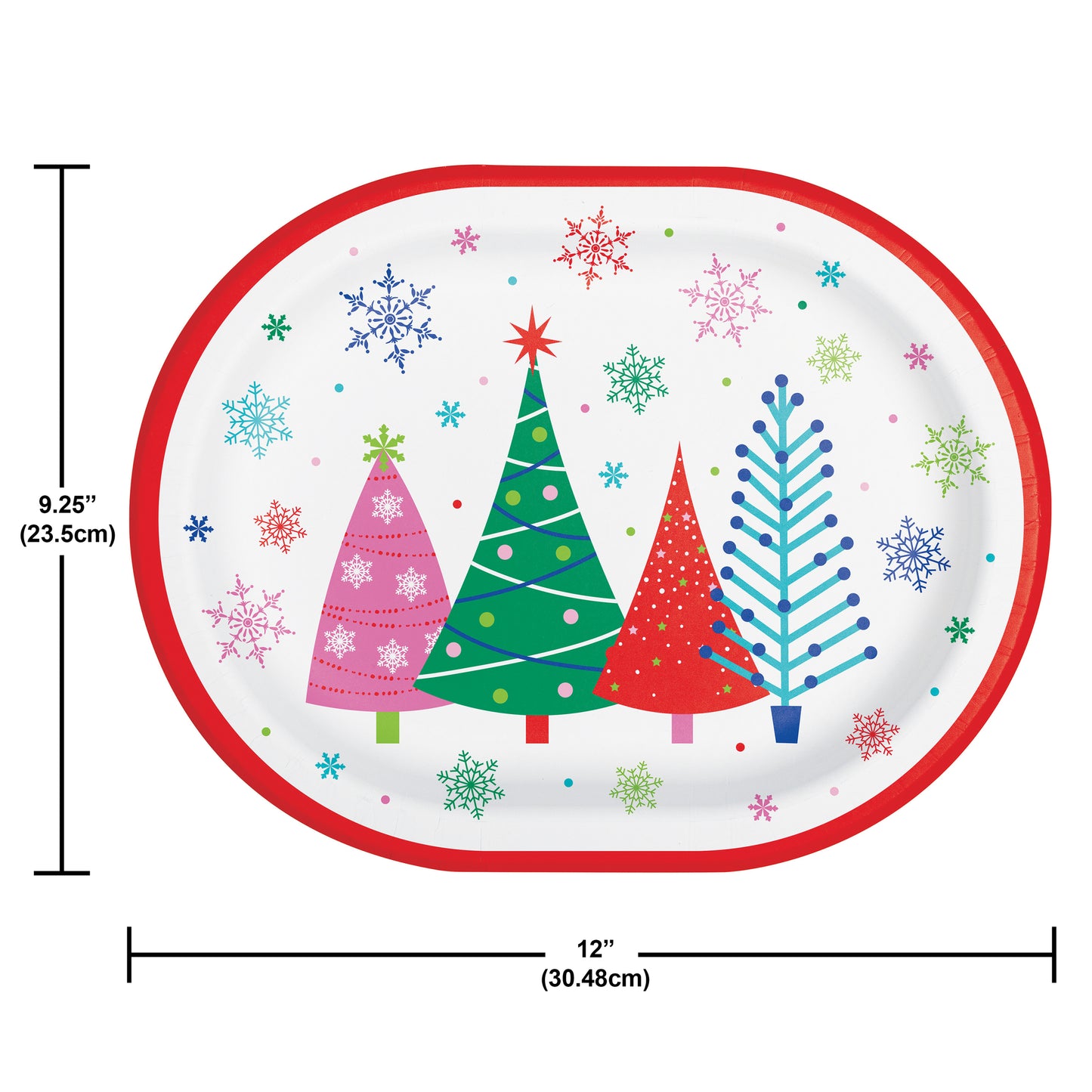 Joyful and Jolly Oval Dinner Paper Plates 96 ct. Round paper plate with colorful Christmas tree design and snowflakes, with measurements indicated.