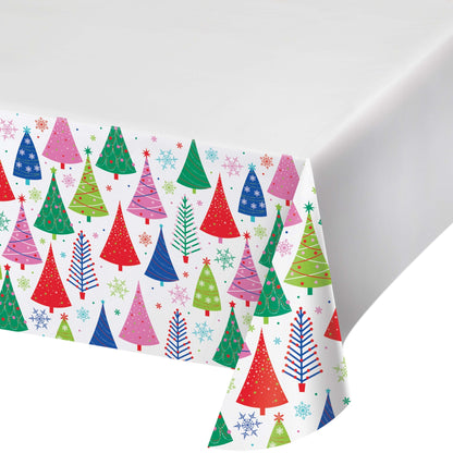 Joyful and Jolly Paper Tablecloths 12 ct. Colorful Christmas tree patterned paper tablecloth on a white 