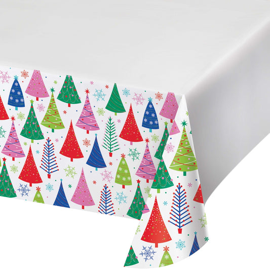 Joyful and Jolly Paper Tablecloths 12 ct. Colorful Christmas tree patterned paper tablecloth on a white 