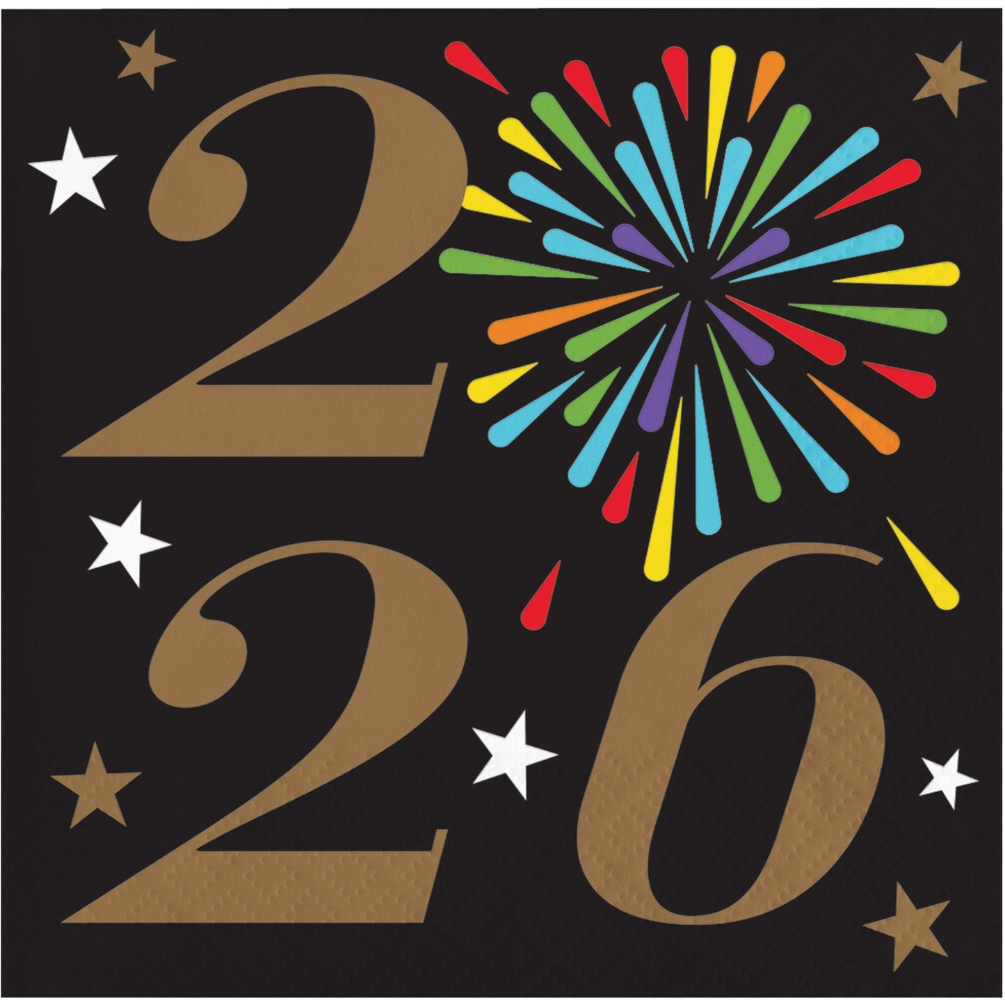 Black napkin with gold numbers '2026' and colorful fireworks, stars on a black background