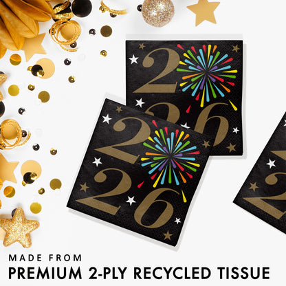 Black tissue paper napkins with gold '2026' numbers and colorful fireworks design, surrounded by festive decorations on a white background.