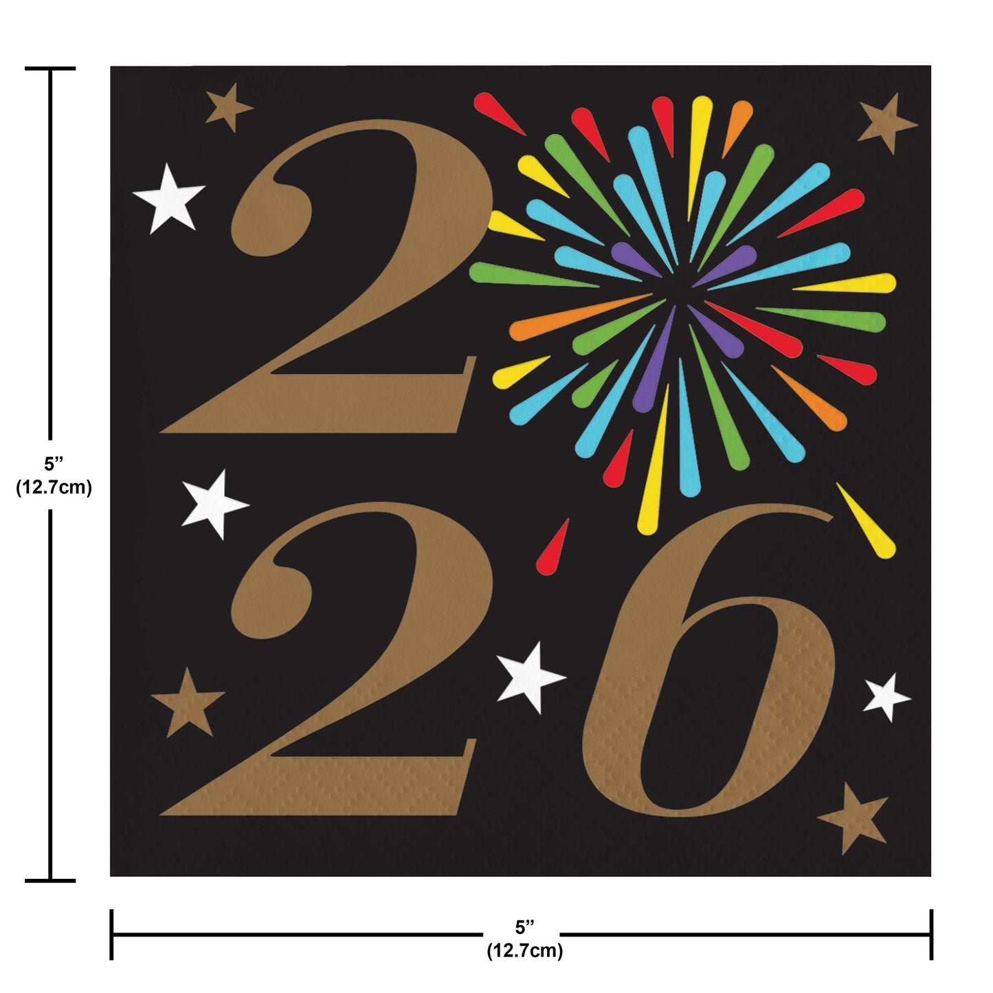 Black napkin with gold numbers '2026' and colorful fireworks, stars on a black background. Measurements included.
