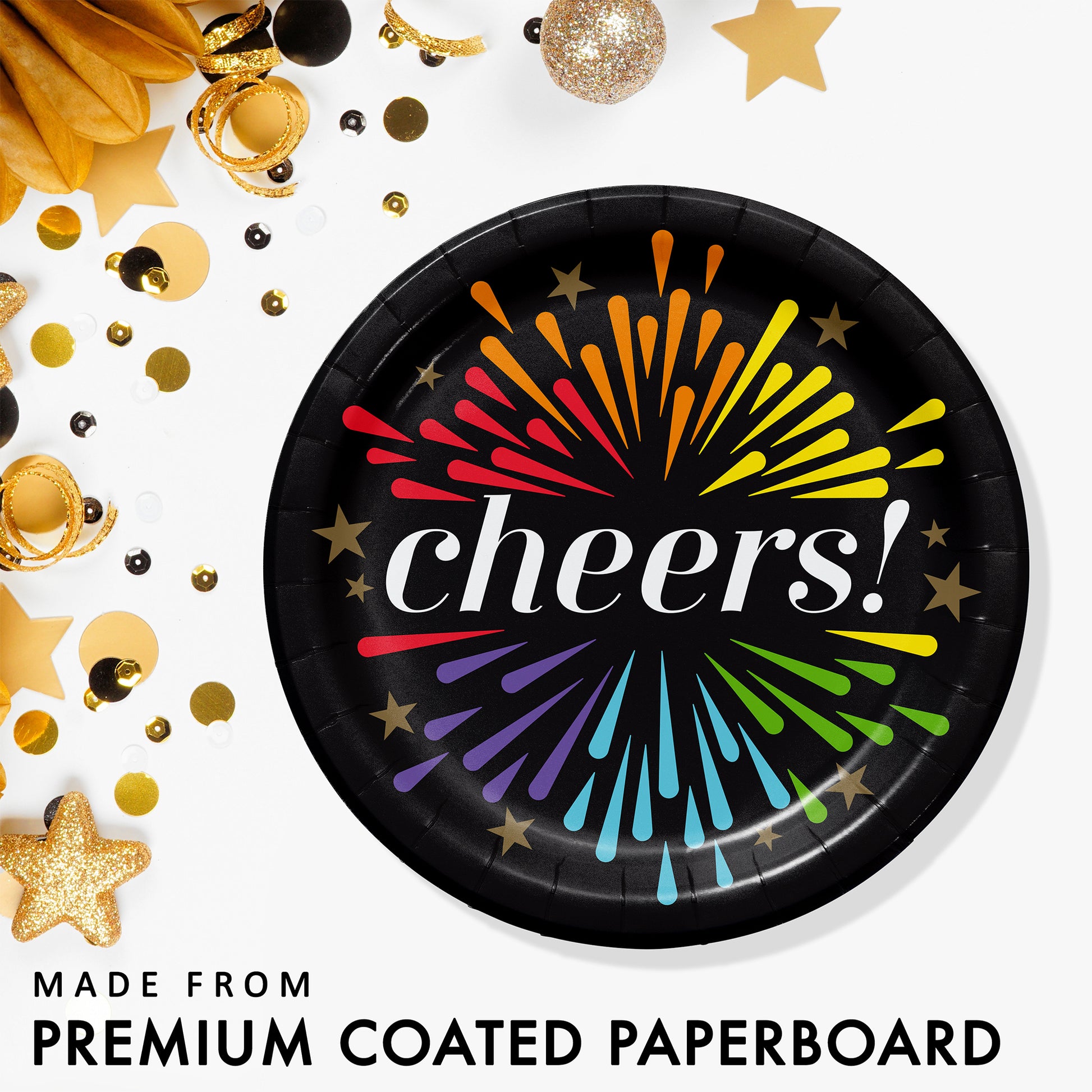 Black paper plate with colorful 'cheers!' design surrounded by festive gold decorations on a white background.