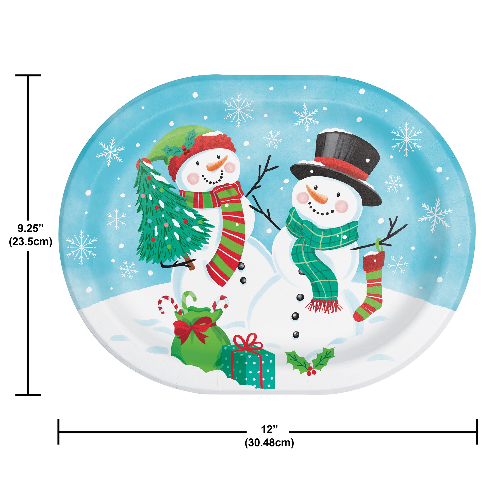Frosty Friends Oval Dinner Paper Plates 96 ct. Oval paper plate with 2 snowmen surrounded by Christmas gifts and snowflakes. Measurements included.