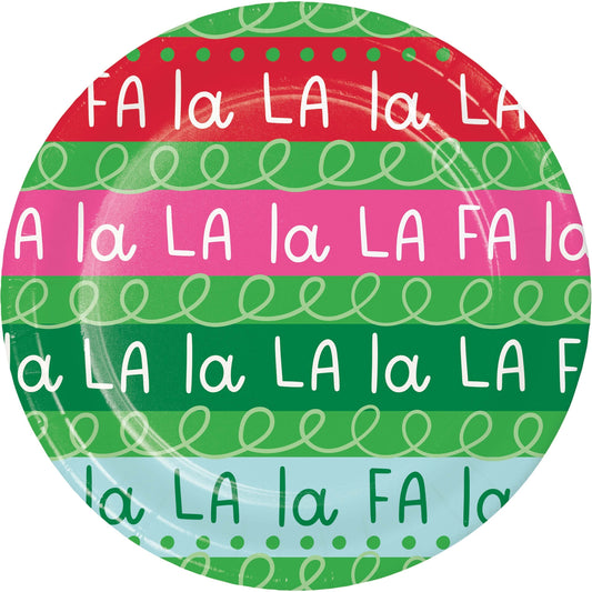 Holiday Frills Fa La La La La Dessert Paper Plates 96 ct. Circular decorative paper plate with 'FA la LA la' text on a colorful striped background