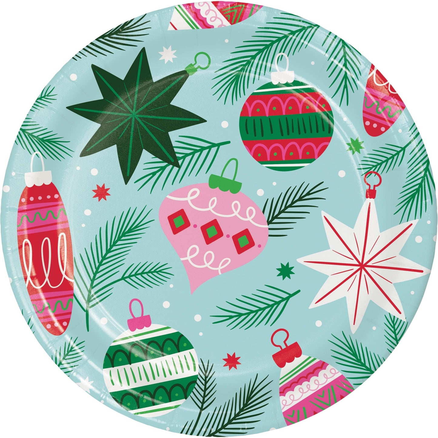 Holiday Frills Dinner Paper Plates 96 ct. Round paper plate with Christmas-themed design featuring ornaments and stars on a light blue background.