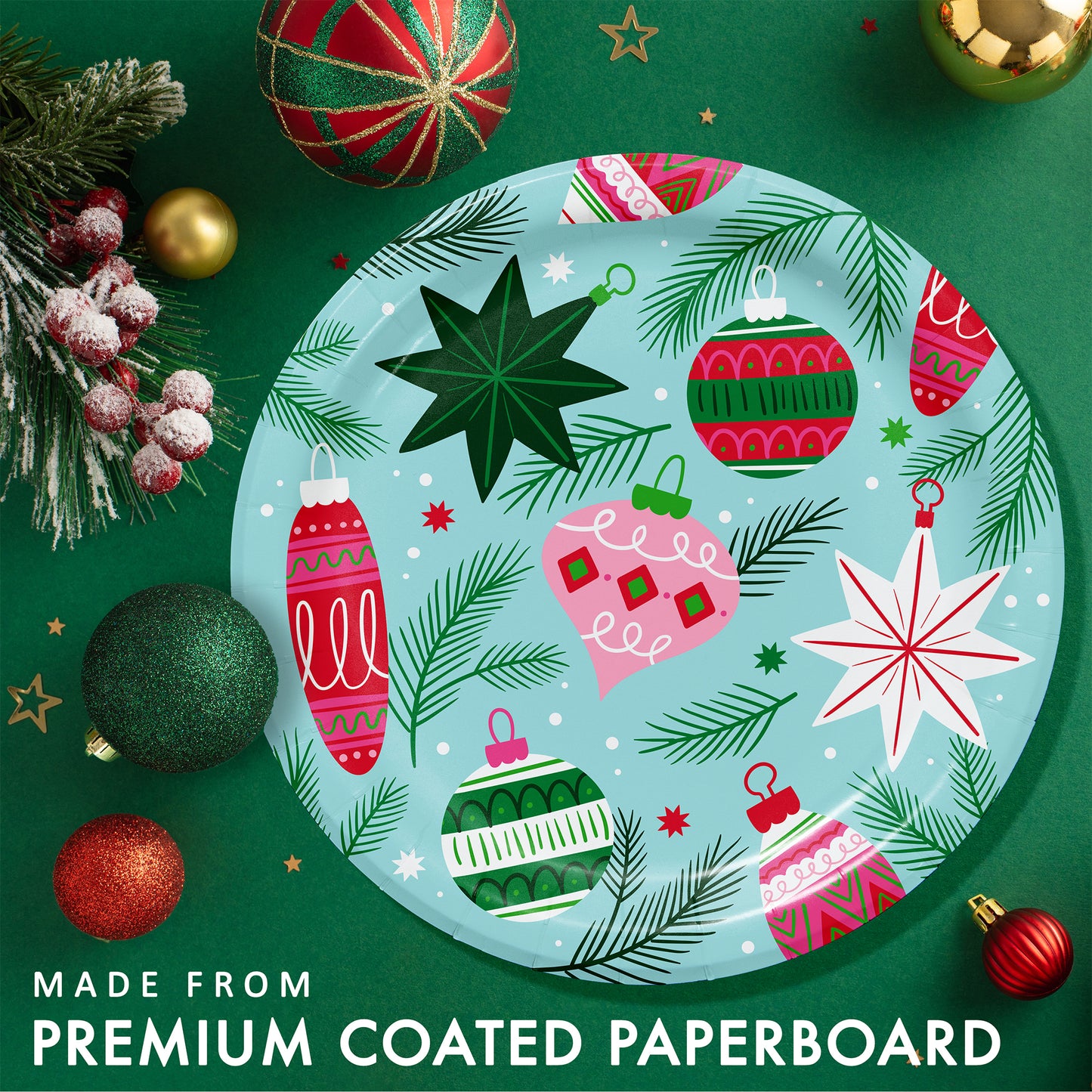 Holiday Frills Dinner Paper Plates 96 ct. Decorative paper plate with Christmas ornaments on a green background with festive decorations.