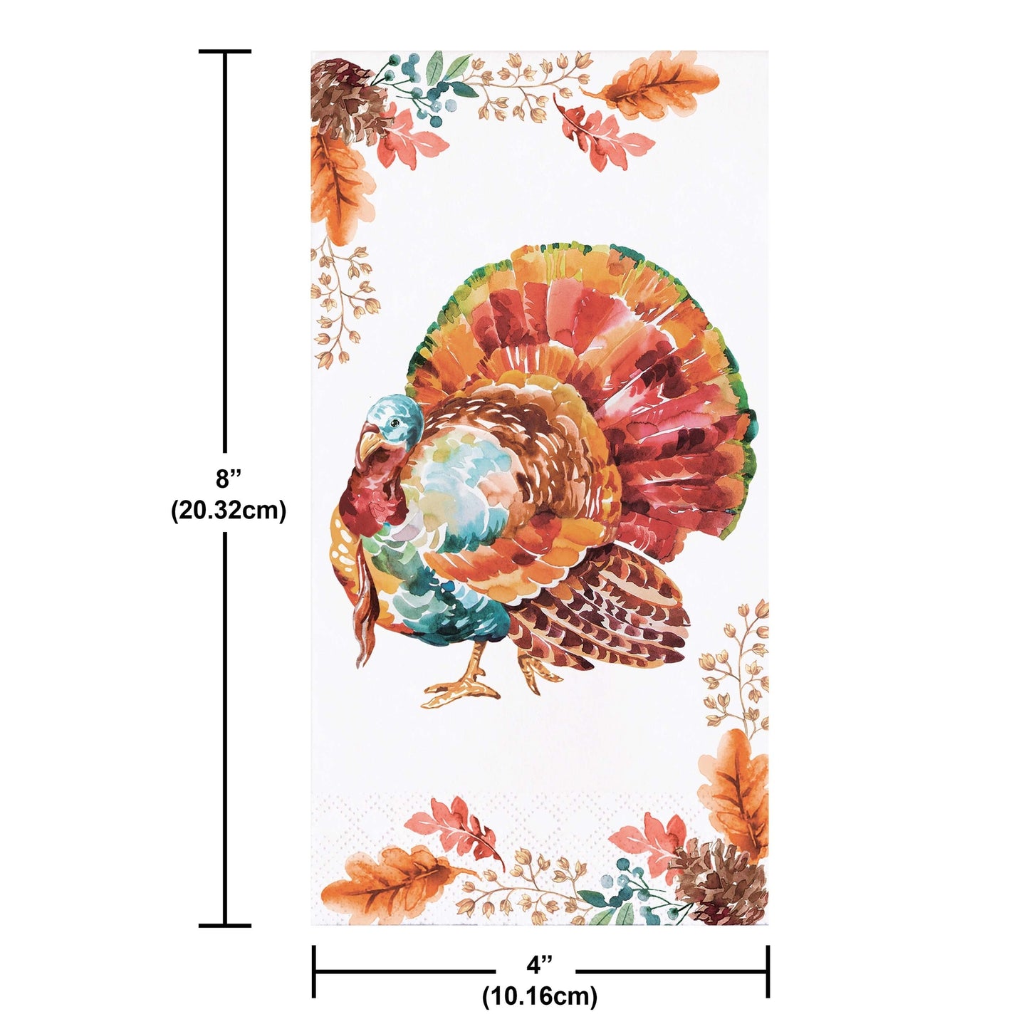 Tasteful Turkey Dinner Napkins 192 ct. Colorful turkey design with measurements on a white background