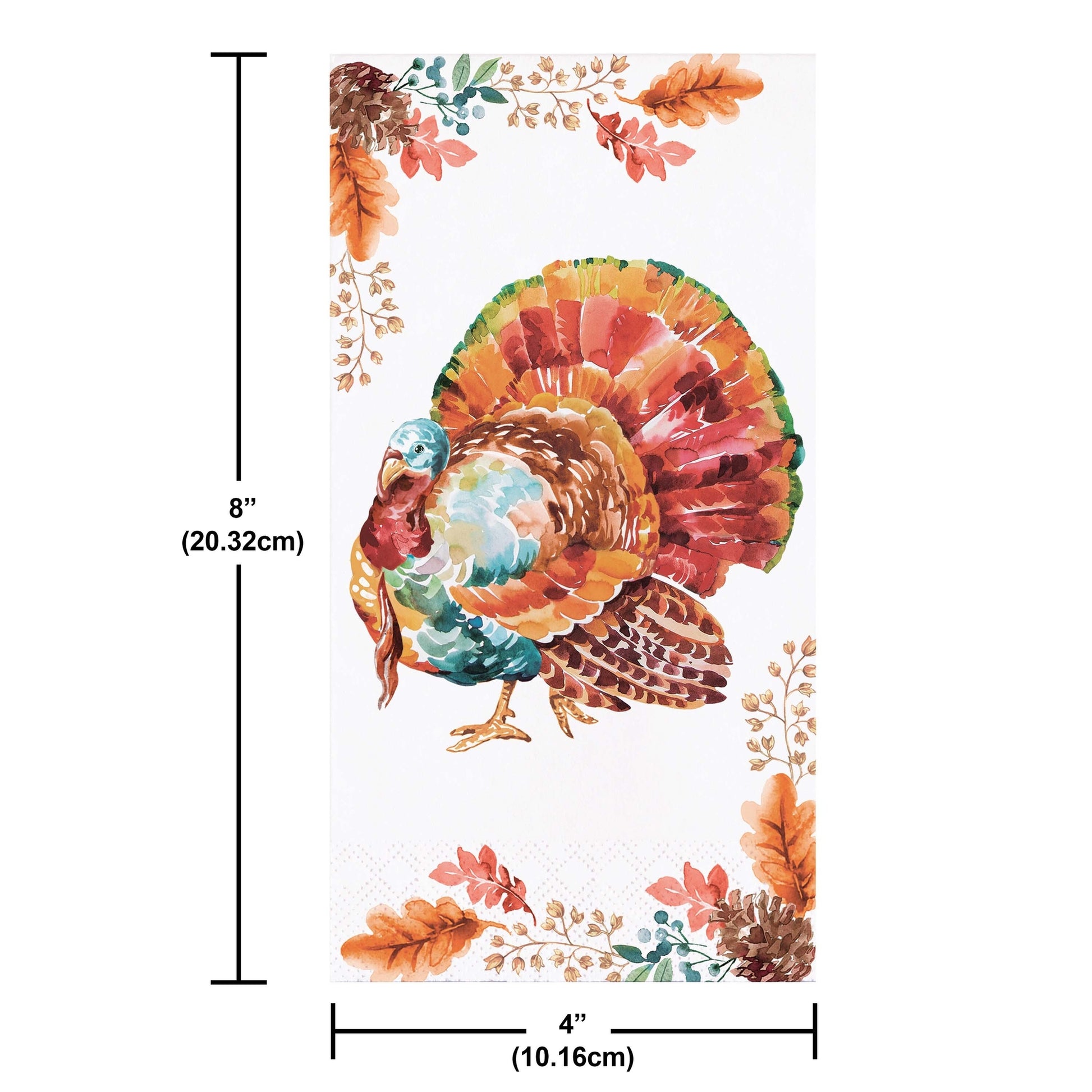 Tasteful Turkey Dinner Napkins 192 ct. Colorful turkey design with measurements on a white background