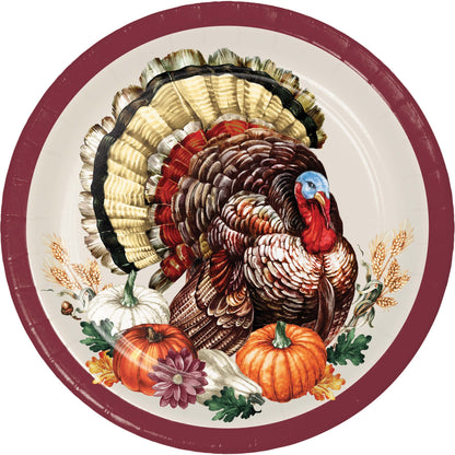 Vintage Turkey Dessert Paper Plates 96 ct. Decorative paper plate with a turkey design and fall elements on a white background