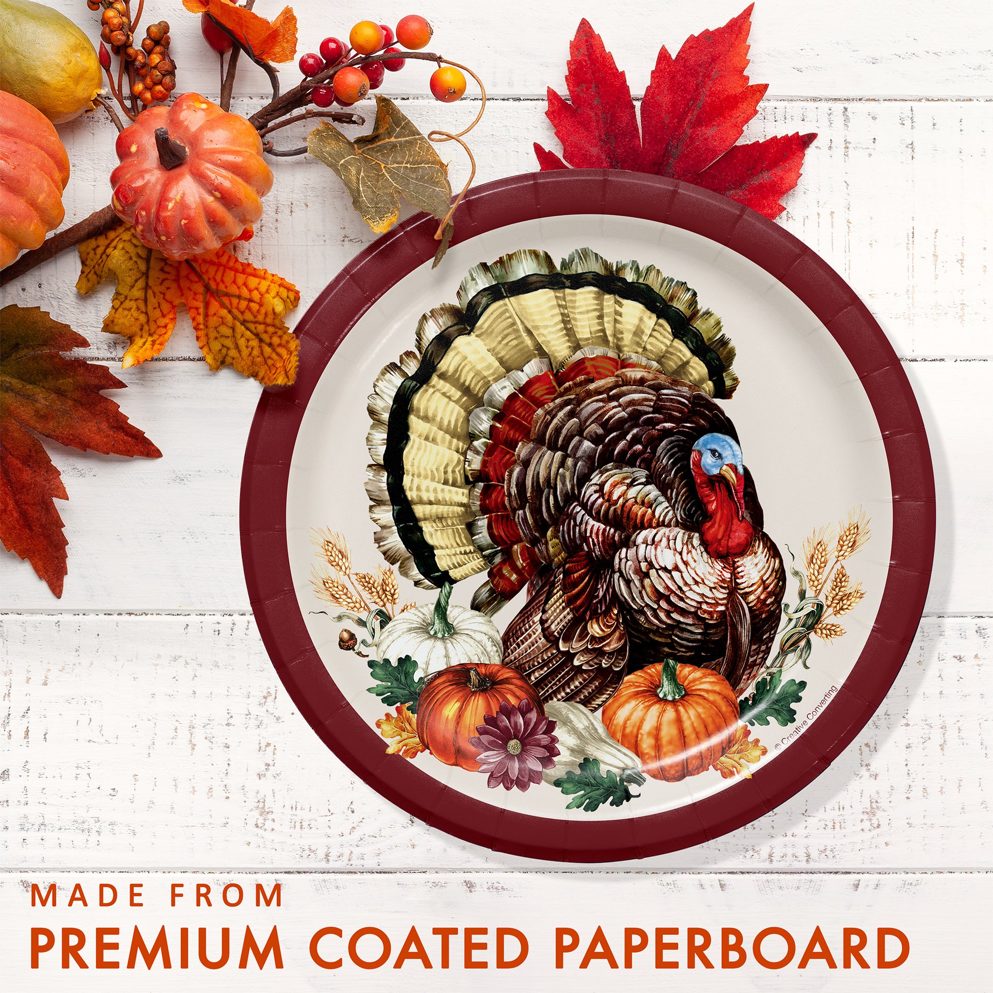 Vintage Turkey Dessert Paper Plates 96 ct. Decorative paper plate with a turkey design on a white wooden surface with fall-themed elements.
