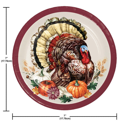 Vintage Turkey Dessert Paper Plates 96 ct. Decorative paper plate with a turkey design and pumpkins, shown with dimensions.