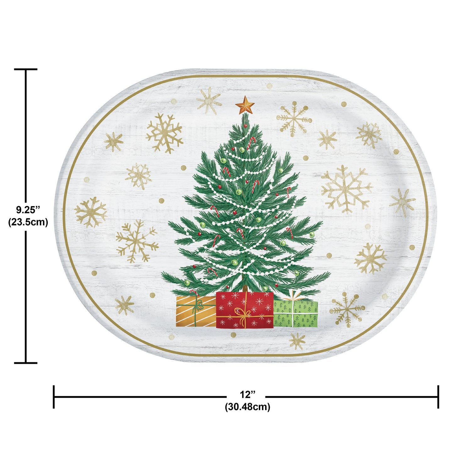 Decorative paper plate with a Christmas tree, presents and gold snowflakes on a white background. Measurements shown.