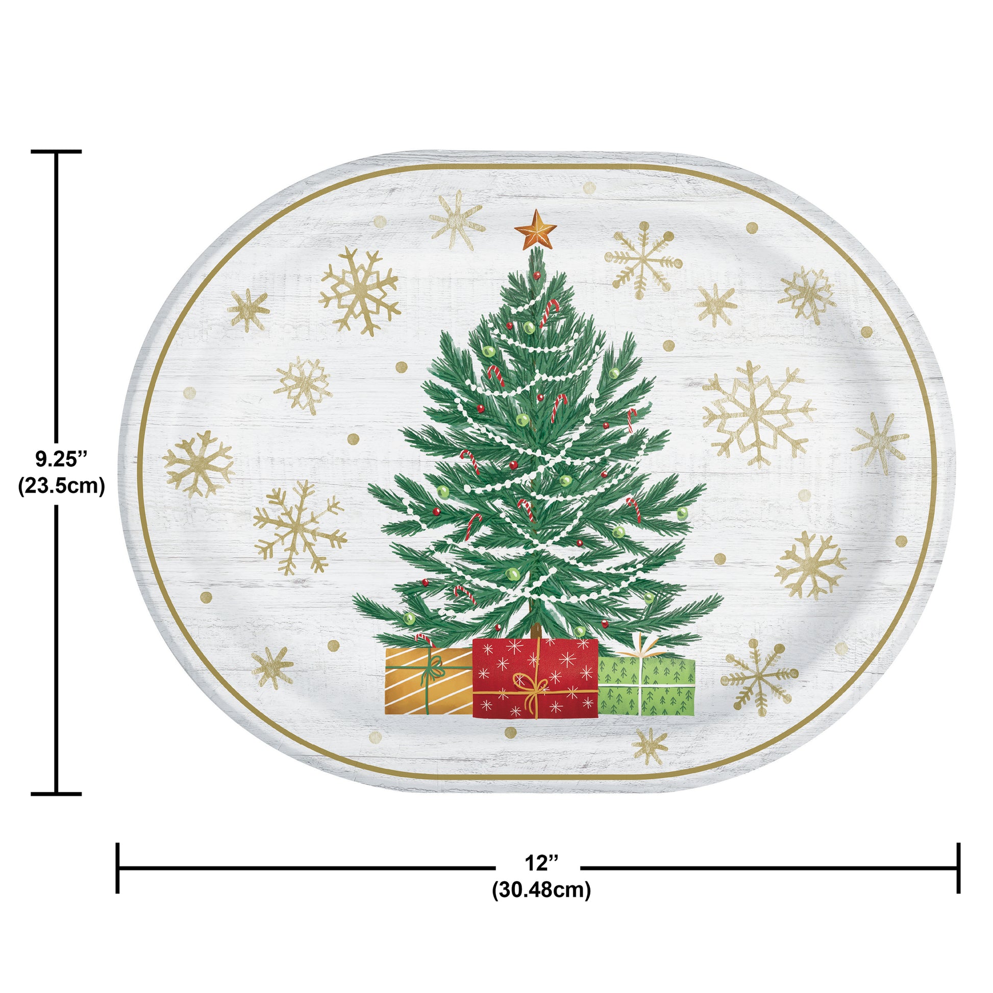 Decorative paper plate with a Christmas tree, presents and gold snowflakes on a white background. Measurements shown.