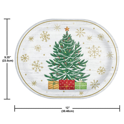 Decorative paper plate with a Christmas tree, presents and gold snowflakes on a white background. Measurements shown.