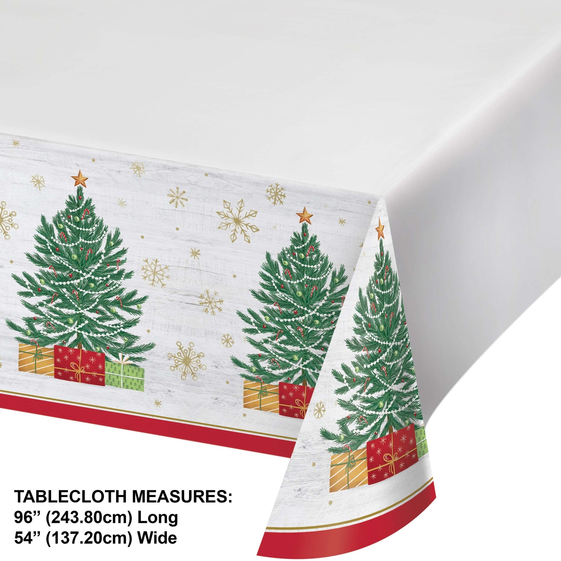 Christmas-themed paper tablecloth with trees and presents on a white background. Measurements shown.