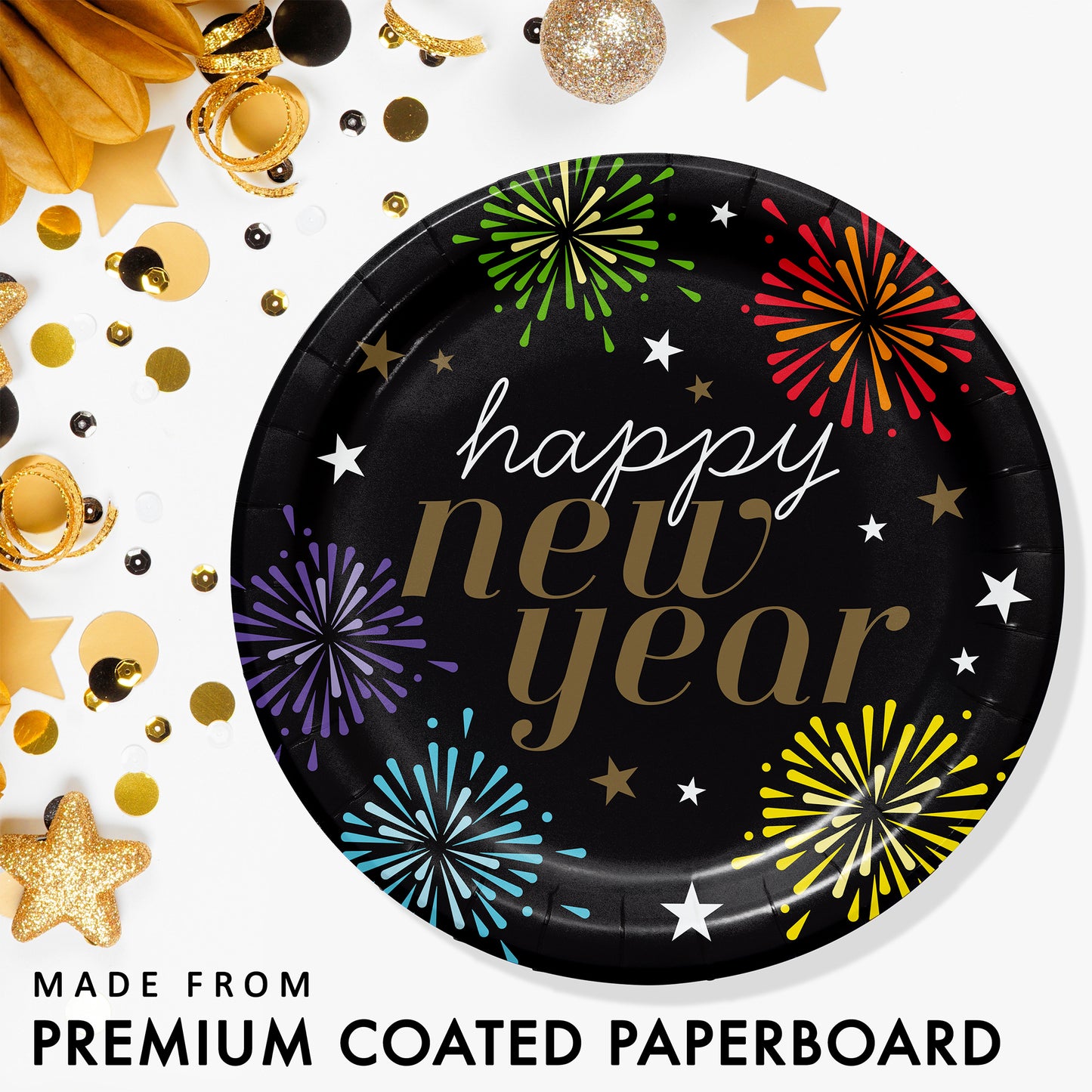 Black paper plate with 'happy new year' text and colorful fireworks design, surrounded by festive gold decorations.