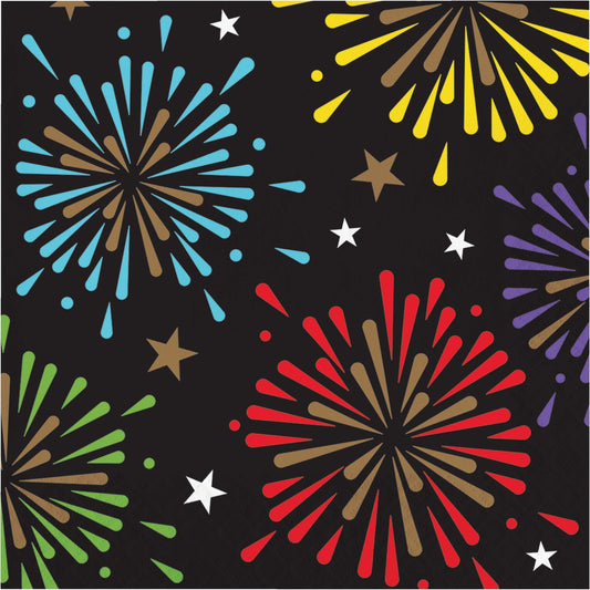 Colorful paper napkins with fireworks and stars pattern on a black background
