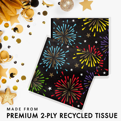Two folded premium 2-ply recycled tissue papers with colorful firework pattern on a white background with gold confetti.
