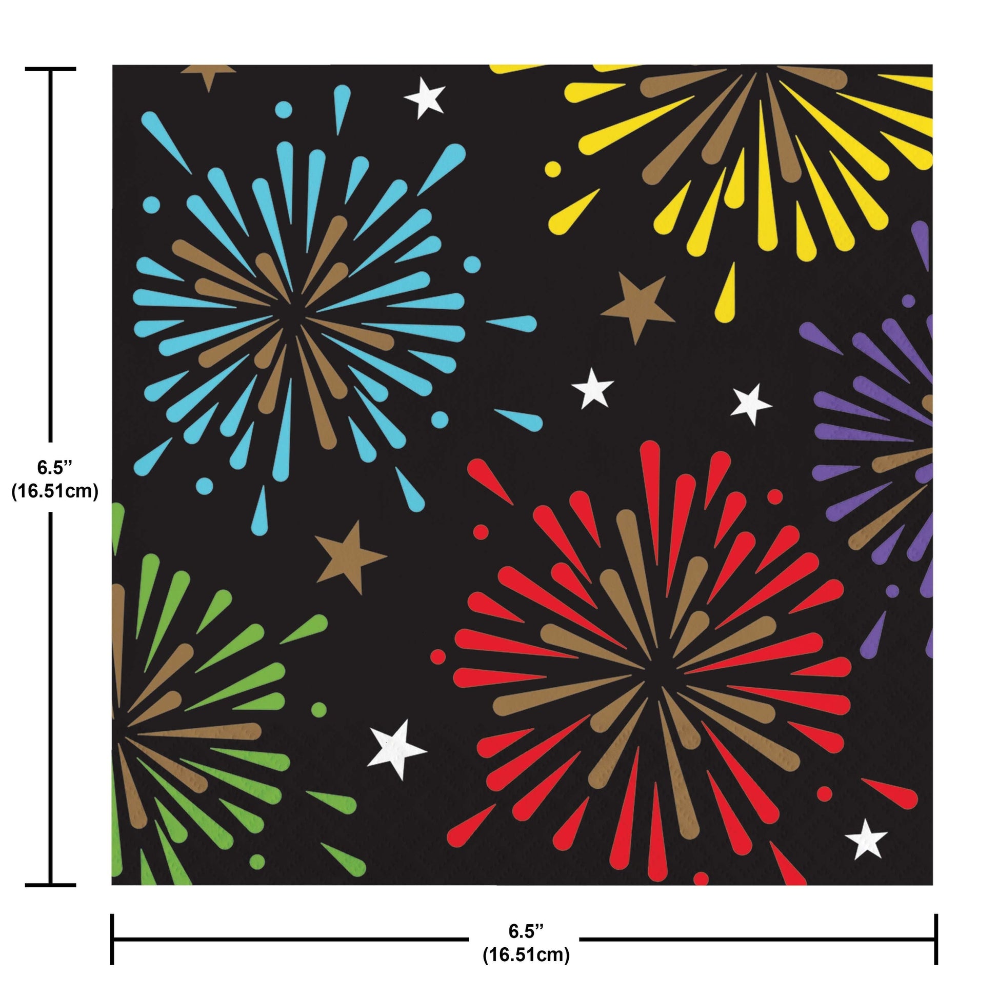 Colorful paper napkins with fireworks and stars pattern on a black background. Measurements included.