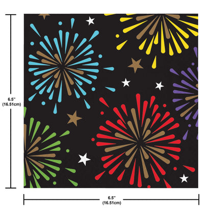 Colorful paper napkins with fireworks and stars pattern on a black background. Measurements included.