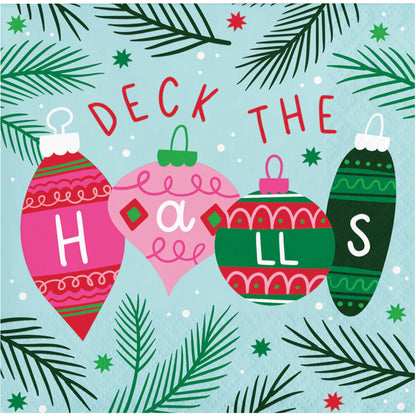 Holiday Frills Deck the Halls Beverage Napkins 192 ct. Decorative Christmas paper napkin with colorful ornaments and festive "Deck the Halls" text on a blue background.