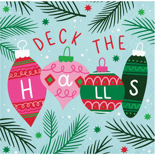 Holiday Frills Deck the Halls Beverage Napkins 192 ct. Decorative Christmas paper napkin with colorful ornaments and festive "Deck the Halls" text on a blue background.