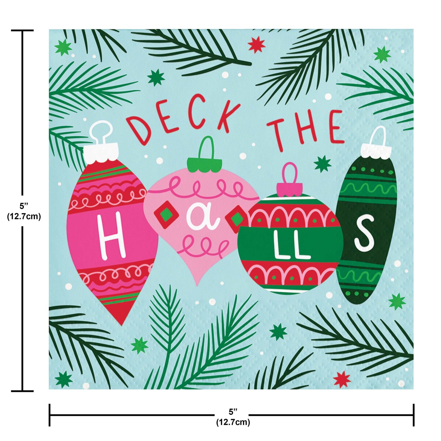 Holiday Frills Deck the Halls Beverage Napkins 192 ct. Christmas-themed decorative paper napkins with ornaments and 'Deck the Halls' text on a blue background.