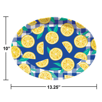 Oval plastic serving tray with lemon pattern on a blue and white checkered background. Measurements indicated.