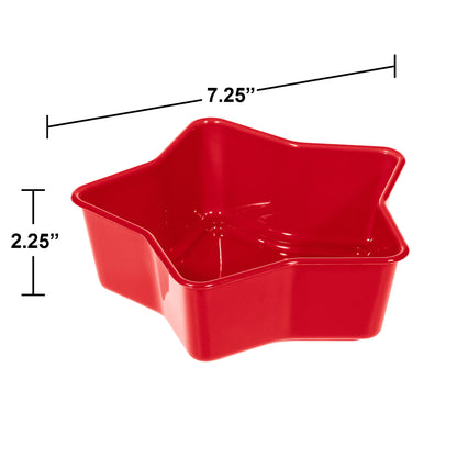 Red plastic star-shaped bowl with dimensions labeled on a white background