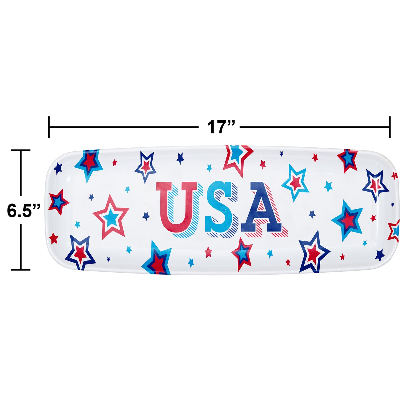 Plastic rectangular serving tray with 'USA' text and star patterns, shown with dimensions on a white background.