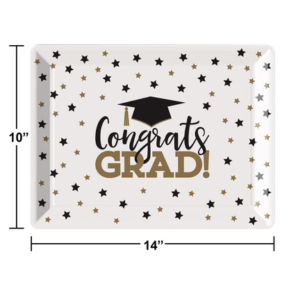 Decorative plastic tray with 'Congrats Grad!' text and star patterns, dimensions shown.