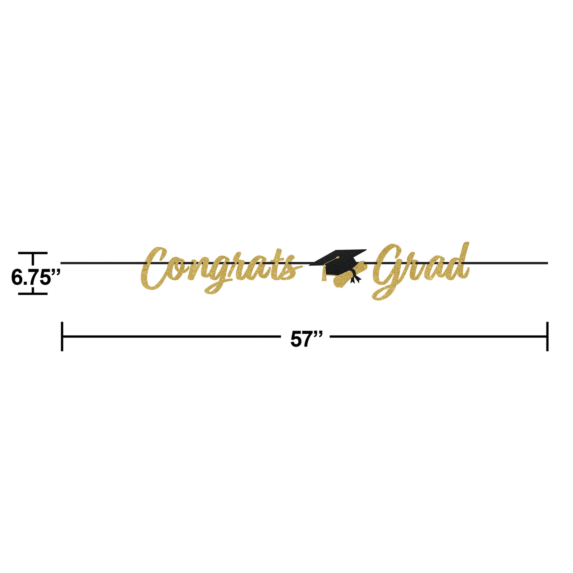 Graduation-themed decorative banner with 'Congrats Grad' text and a graduation cap, on a white background. Measurements shown.