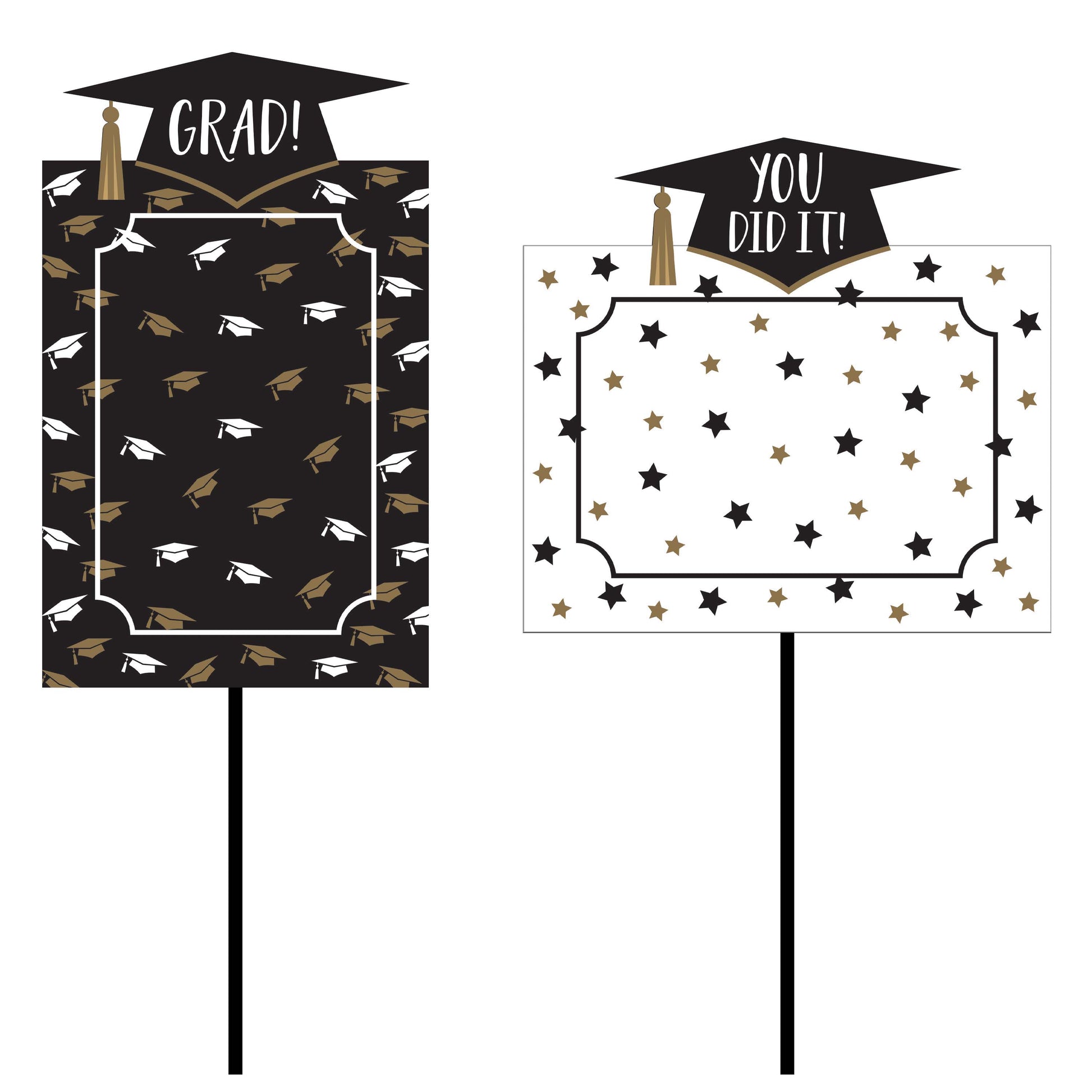 Two graduation-themed signs with decorative patterns on a white background