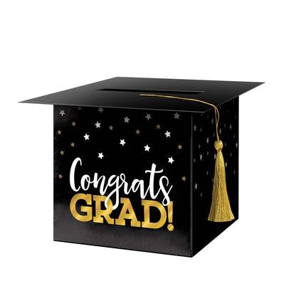 Graduation-themed black card box with 'Congrats Grad!' text and a gold tassel on a white background.
