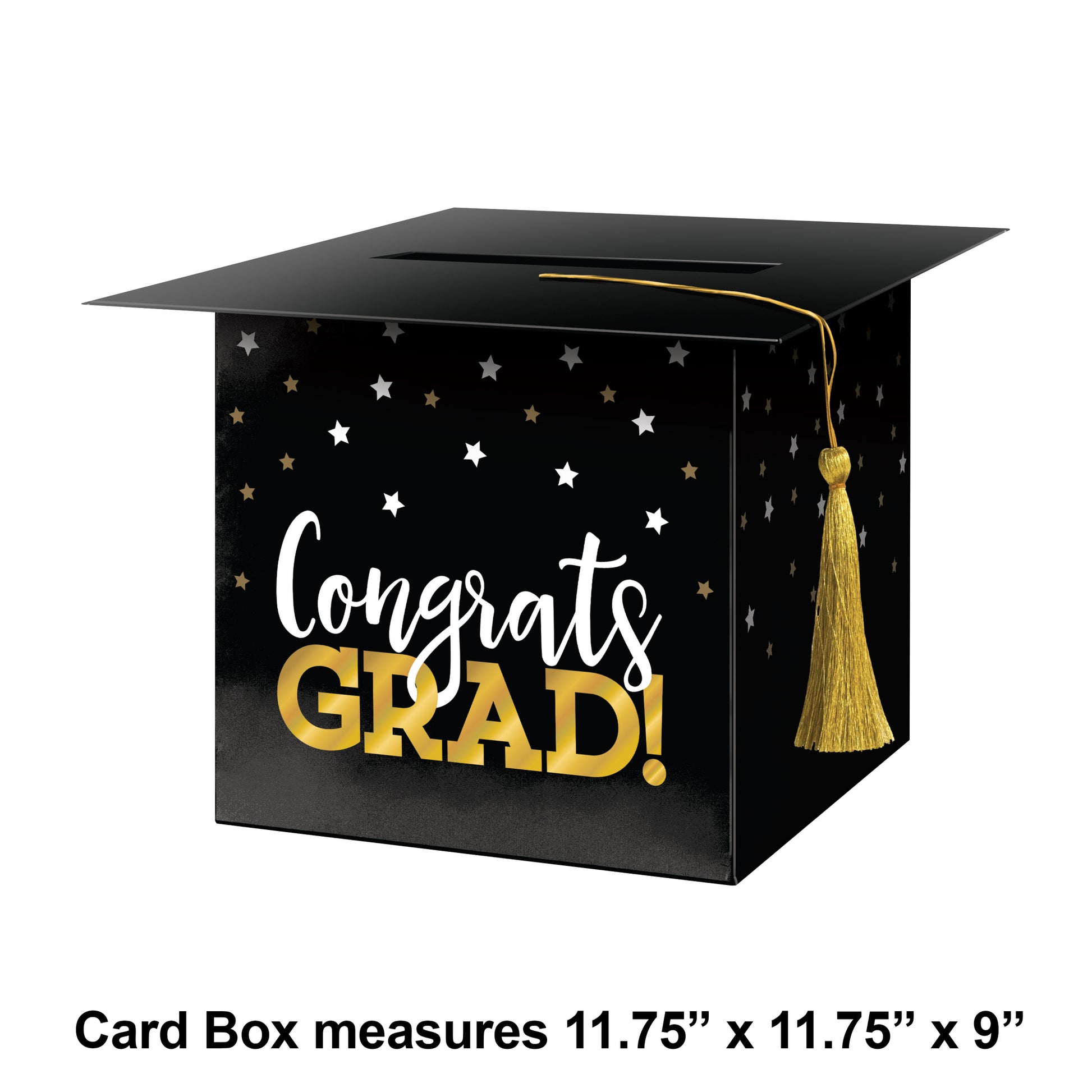 Graduation-themed card box with 'Congrats Grad!' text and tassel on a white background. Measurements shown.