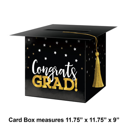 Graduation-themed card box with 'Congrats Grad!' text and tassel on a white background. Measurements shown.