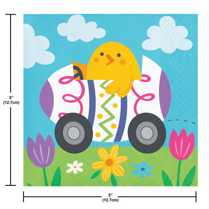 Napkin featuring a cartoon chick in a decorated Easter egg car with flowers and clouds in the background. Dimensions shown.