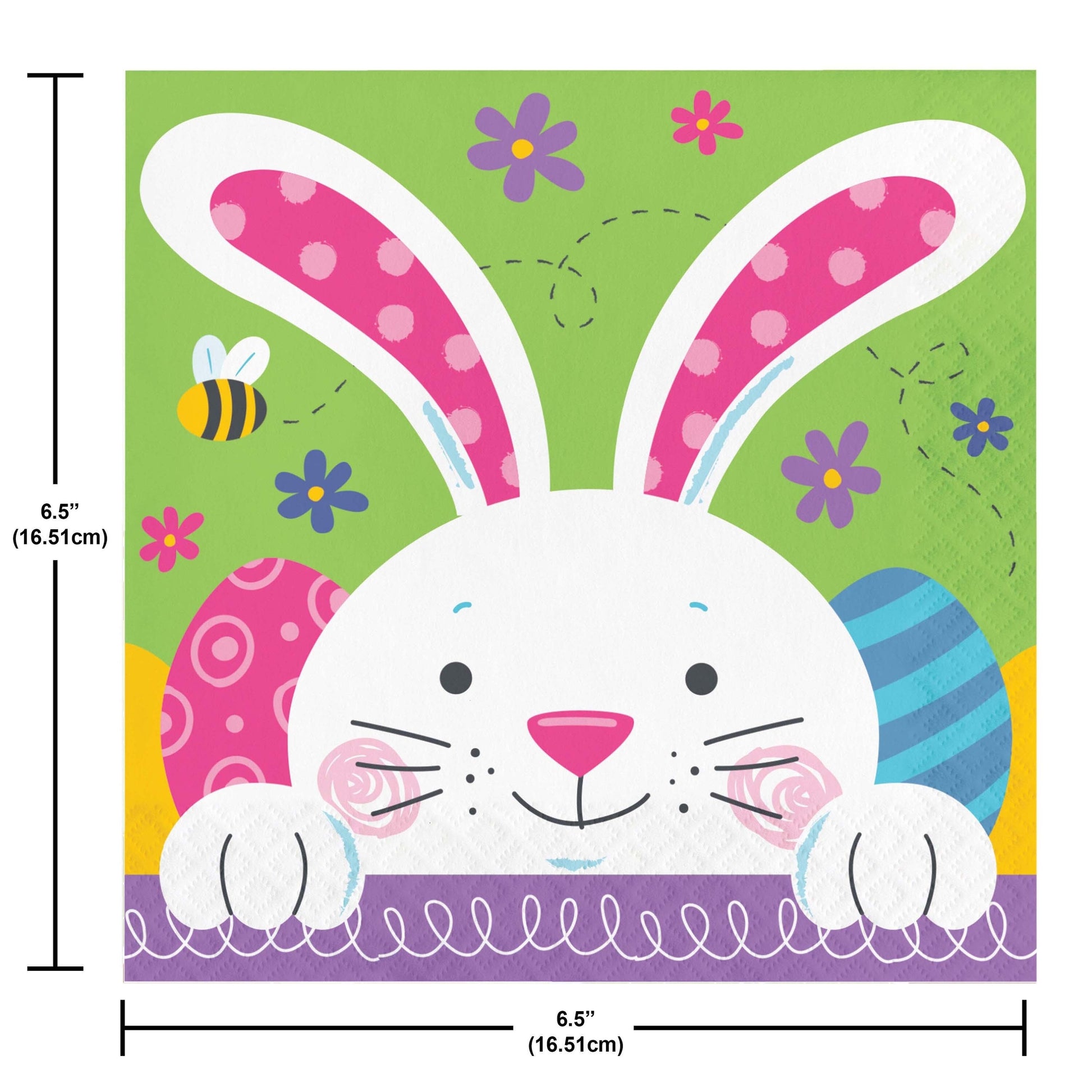 Colorful Easter-themed napkin with a cartoon bunny, eggs, flowers, and a bee on a green background. Dimensions shown.