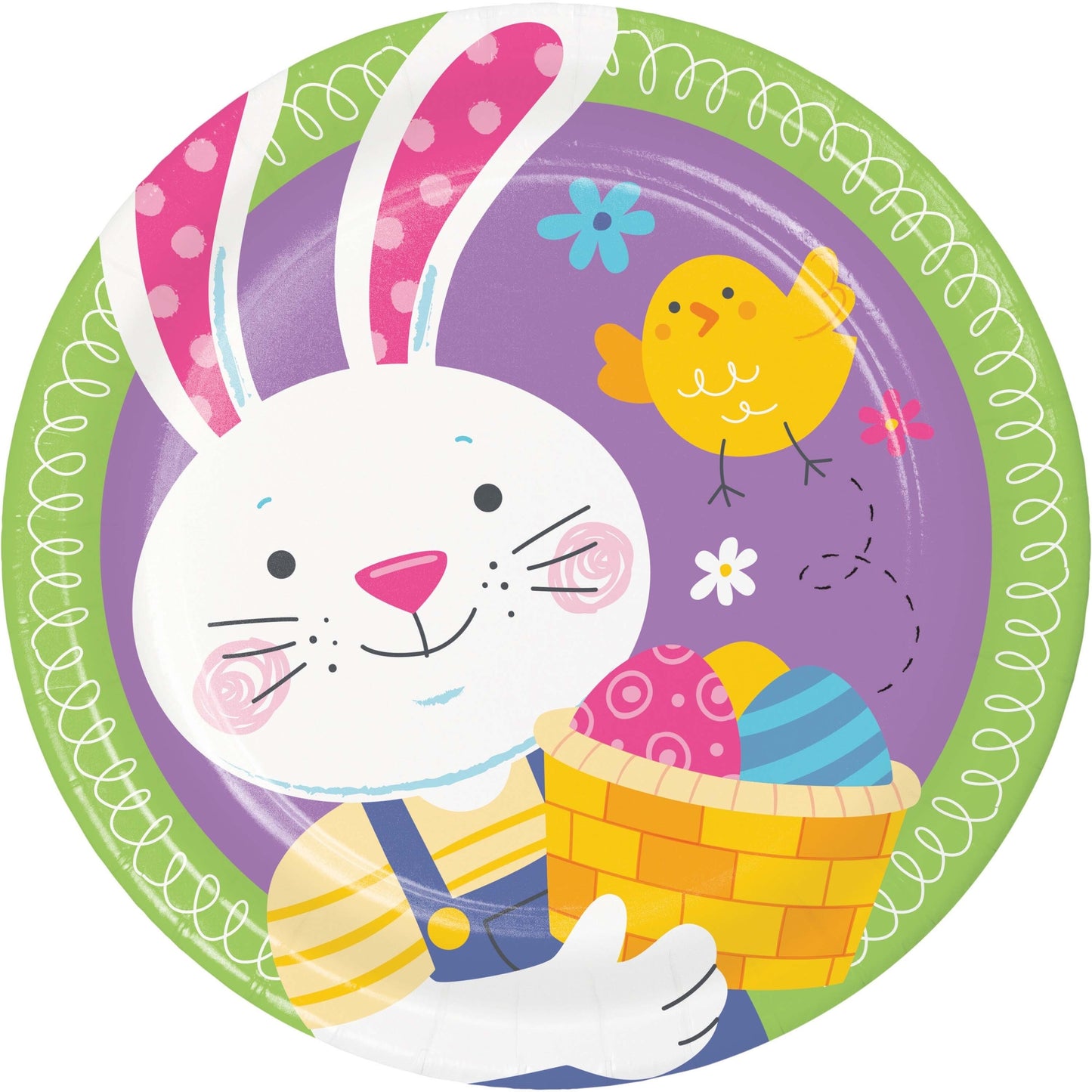 Easter-themed paper plate with a bunny, basket, and chick on a purple background.