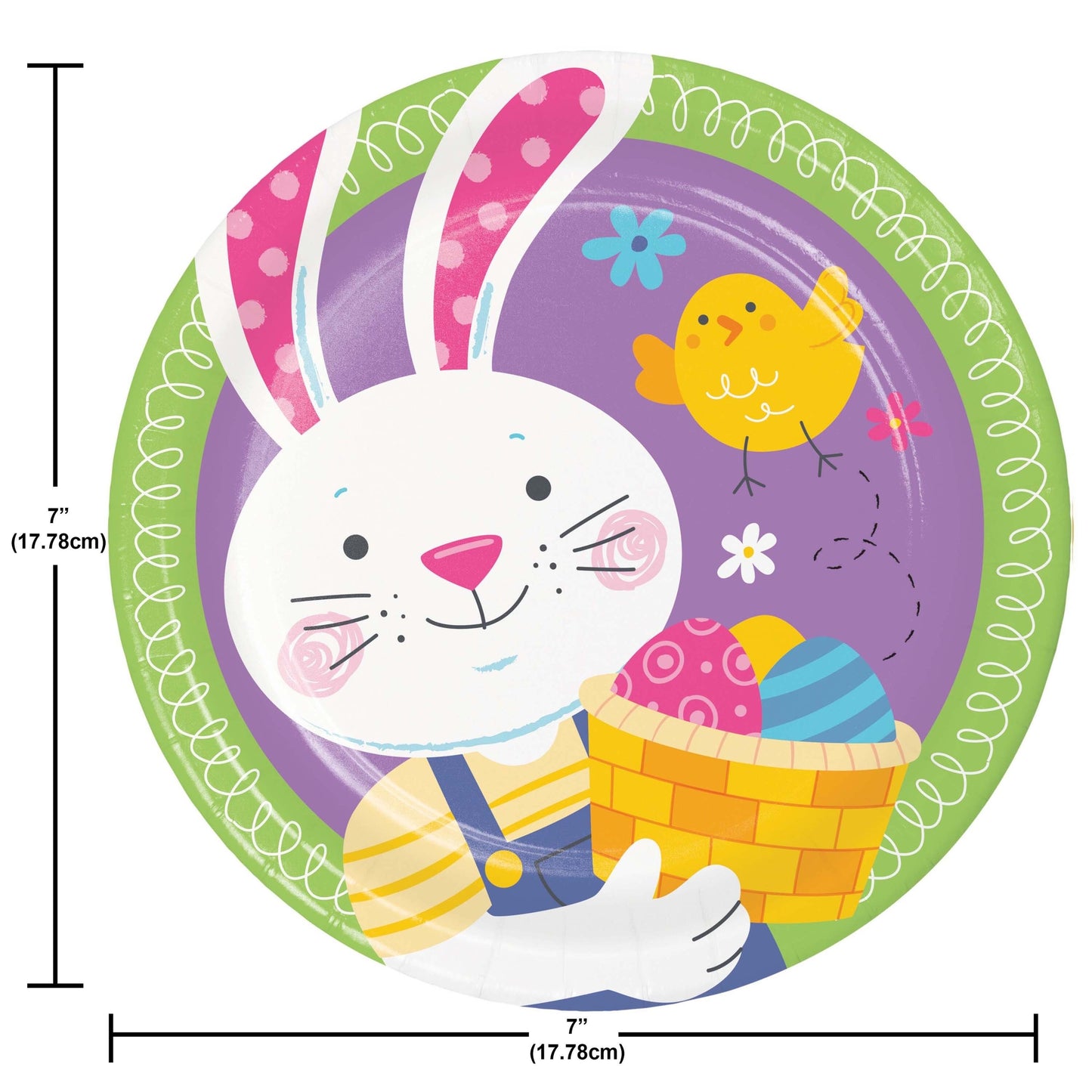 Easter-themed paper plate with a rabbit holding an egg basket, chick, and flowers on a purple background. Dimensions shown.