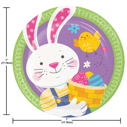 Easter-themed paper plate with a rabbit holding an egg basket, chick, and flowers on a purple background. Dimensions shown.
