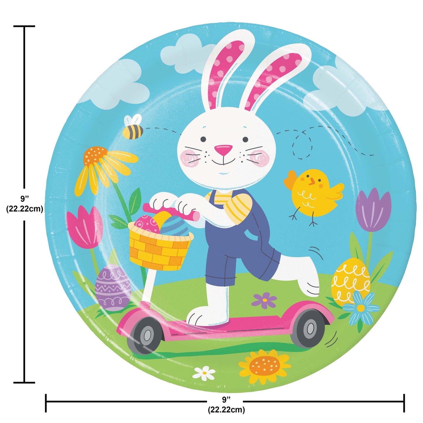 Round Easter-themed paper plate with a cartoon bunny on a scooter, flowers, and a bee. Dimensions shown.