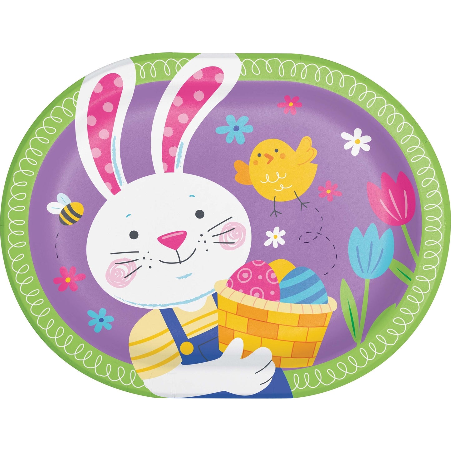 Easter-themed plate with a bunny holding an Easter basket, chick, and flowers on a purple background.